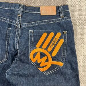 Miskeen Mens Baggy Y2K Streetwear Jeans Dark Wash Embroidered Size 38